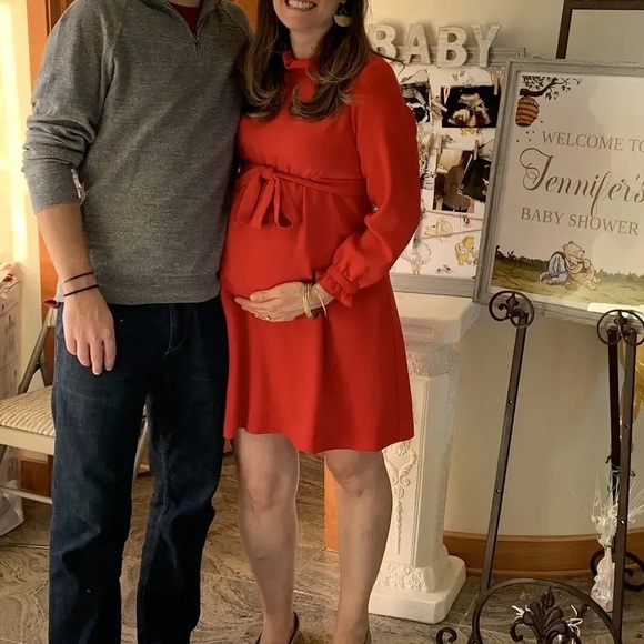 Sail to Sable Red Ruffle Maternity Dress Long Sleeve Waist Tie size 8 Crew Neck - Picture 4 of 10